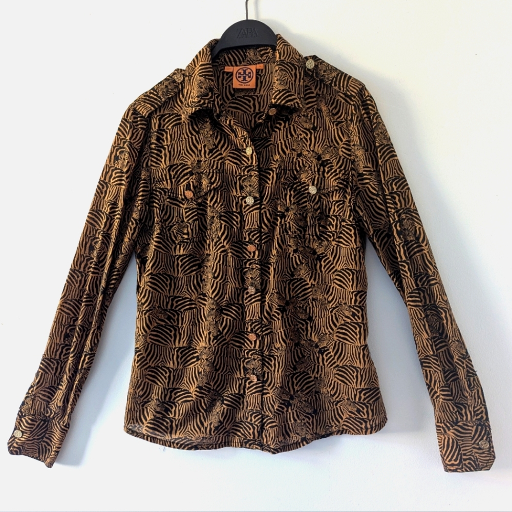 TORY BURCH Brown Gold Buttons Animal Print Zebra Button Down Shirt Size 4 - Picture 3 of 11